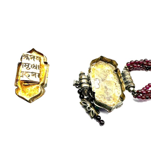 28" Vintage Tibetan Garnet Prayer Box Necklace—Gilt Gau with Multi-Strand Beads - Picture 11 of 14